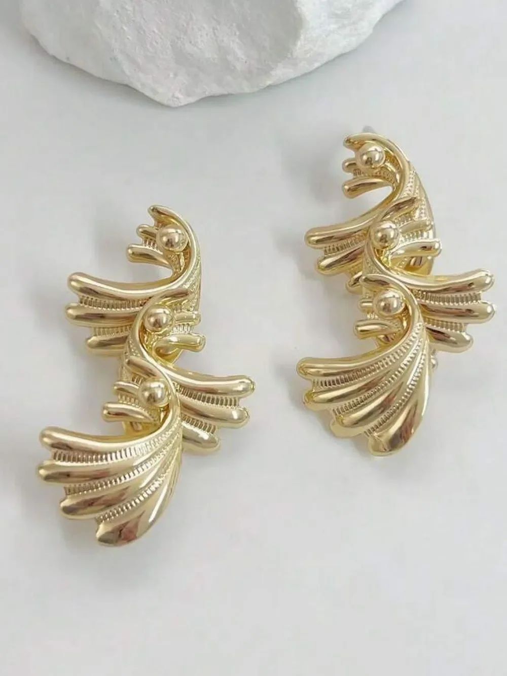 Gold Statement Winged Drop Earrings R701 - Picture 3 of 3